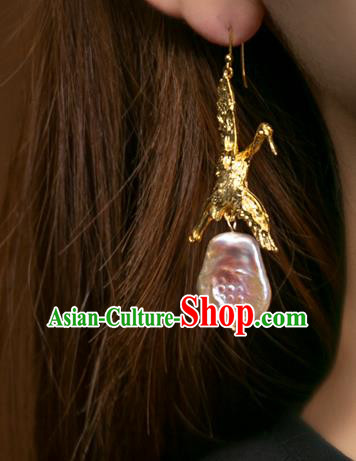 China Handmade Golden Crane Ear Accessories National Earrings Traditional Pink Stone Jewelry China Handmade Golden Crane Ear Accessories National Earrings Traditional Pink Stone Jewelry
