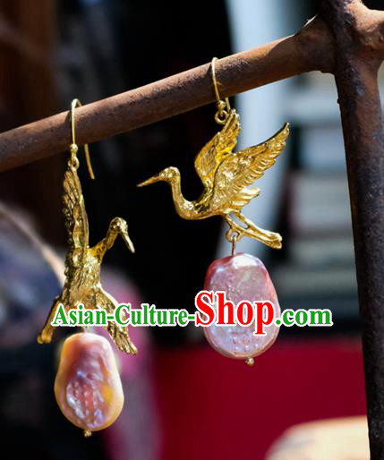China Handmade Golden Crane Ear Accessories National Earrings Traditional Pink Stone Jewelry China Handmade Golden Crane Ear Accessories National Earrings Traditional Pink Stone Jewelry