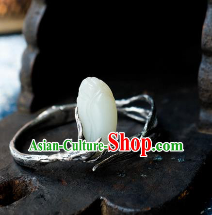 Chinese Traditional White Jade Mangnolia Jewelry Handmade Silver Bracelet Accessories Chinese Traditional White Jade Mangnolia Jewelry Handmade Silver Bracelet Accessories