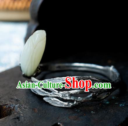 Chinese Traditional White Jade Mangnolia Jewelry Handmade Silver Bracelet Accessories Chinese Traditional White Jade Mangnolia Jewelry Handmade Silver Bracelet Accessories