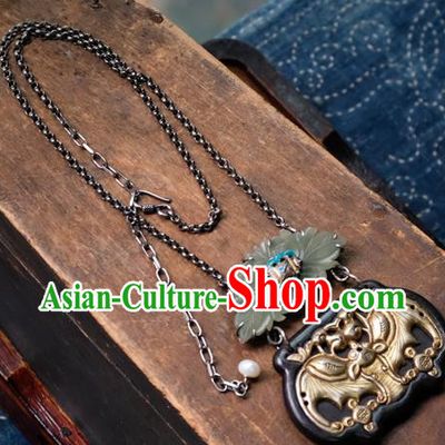 Handmade China Golden Bat Accessories Traditional Silver Carving Necklace Pendant National Women Jade Lotus Jewelry