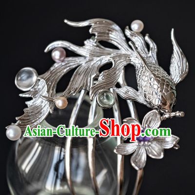 China Ancient Hanfu Argent Fish Lotus Hair Comb Traditional Ming Dynasty Empress Hairpin Court Hair Accessories