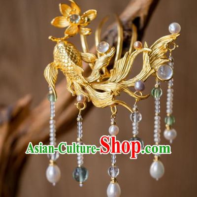 China Ancient Court Hair Accessories Hanfu Tassel Hair Comb Traditional Ming Dynasty Princess Gilding Lotus Fish Hairpin
