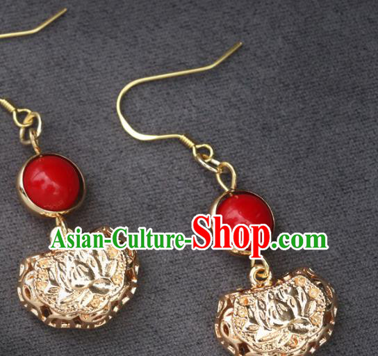 Handmade Chinese National Longevity Lock Ear Accessories Traditional Hollow Golden Earrings