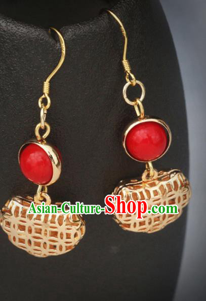 Handmade Chinese National Longevity Lock Ear Accessories Traditional Hollow Golden Earrings