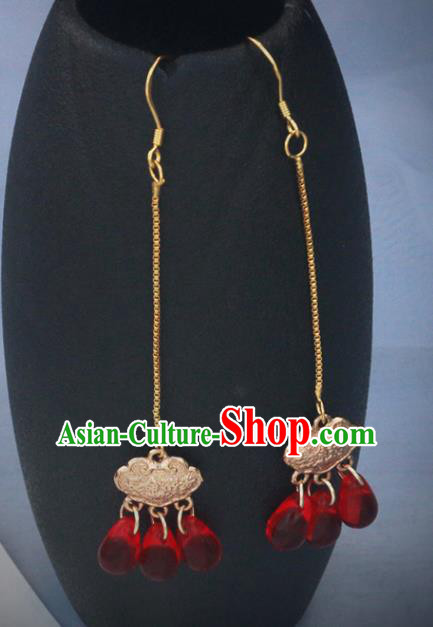 Handmade Chinese National Long Ear Accessories Traditional Golden Longevity Lock Earrings Handmade Chinese National Long Ear Accessories Traditional Golden Longevity Lock Earrings