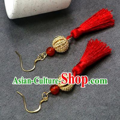 Handmade Chinese Hanfu Red Tassel Earrings Traditional National Wedding Golden Lantern Ear Accessories