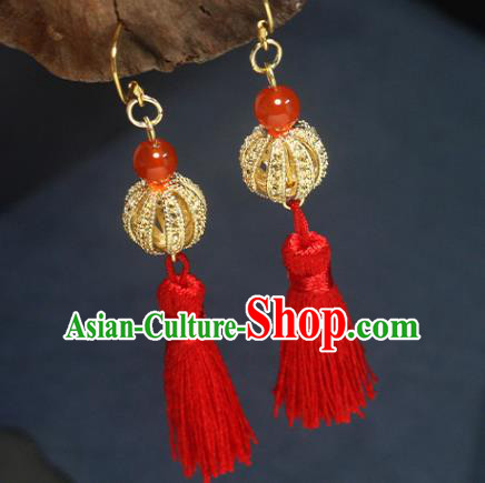 Handmade Chinese Hanfu Red Tassel Earrings Traditional National Wedding Golden Lantern Ear Accessories Handmade Chinese Hanfu Red Tassel Earrings Traditional National Wedding Golden Lantern Ear Accessories