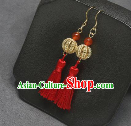 Handmade Chinese Hanfu Red Tassel Earrings Traditional National Wedding Golden Lantern Ear Accessories Handmade Chinese Hanfu Red Tassel Earrings Traditional National Wedding Golden Lantern Ear Accessories