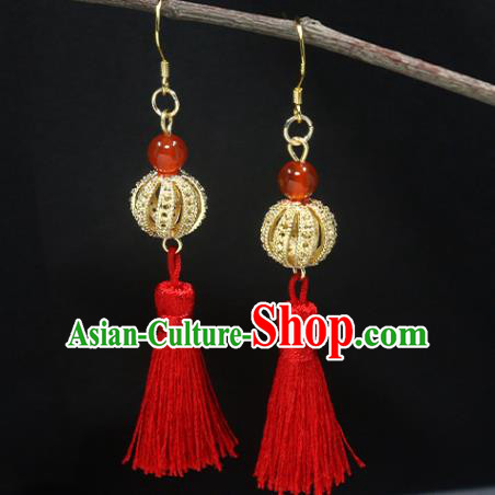 Handmade Chinese Hanfu Red Tassel Earrings Traditional National Wedding Golden Lantern Ear Accessories Handmade Chinese Hanfu Red Tassel Earrings Traditional National Wedding Golden Lantern Ear Accessories