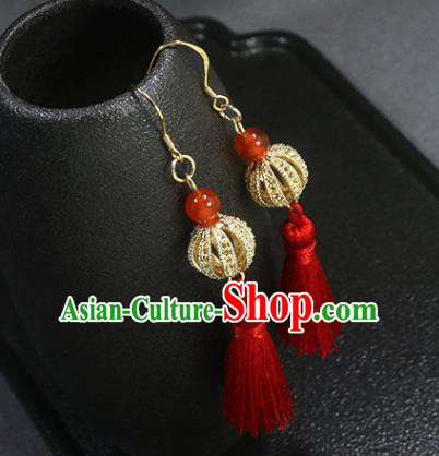 Handmade Chinese Hanfu Red Tassel Earrings Traditional National Wedding Golden Lantern Ear Accessories Handmade Chinese Hanfu Red Tassel Earrings Traditional National Wedding Golden Lantern Ear Accessories