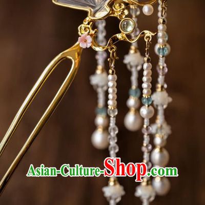 China Ancient Court Crystal Fan Hair Accessories Traditional Ming Dynasty Princess Pearls Tassel Hairpin Hanfu Step Shake