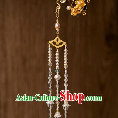 China Traditional Ming Dynasty Princess Pearls Tassel Hairpin Hanfu Step Shake Ancient Court Crystal Fan Hair Accessories