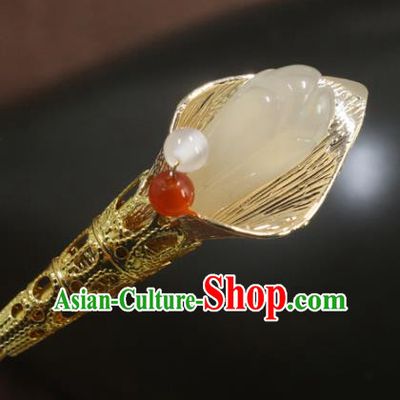 China Handmade Cheongsam Jade Mangnolia Hair Accessories Hair Stick Classical Wedding Golden Hairpin for Women