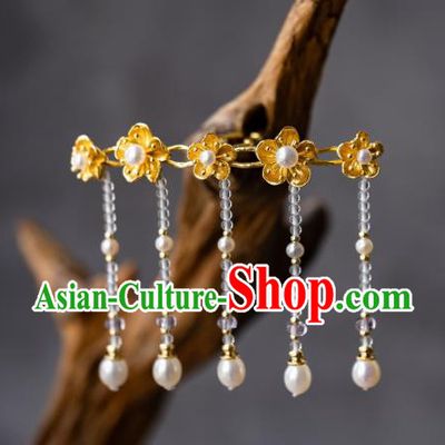 China Ancient Court Lady Tassel Hair Stick Peach Blossom Hairpin Traditional Ming Dynasty Hanfu Pearls Hair Accessories