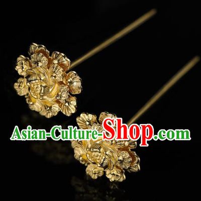 China Traditional Golden Peony Hair Accessories Handmade Ancient Empress Hairpin Ming Dynasty Hanfu Hair Stick for Women