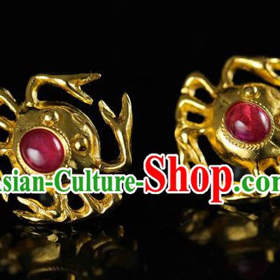 Handmade Chinese Traditional Ming Dynasty Gems Ear Accessories Jewelry Ancient Court Empress Golden Crab Earrings
