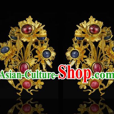 China Traditional Gems Hair Accessories Handmade Ming Dynasty Palace Hair Crown Ancient Queen Golden Hairpin for Women