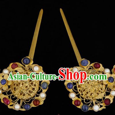 China Traditional Hair Accessories Handmade Ming Dynasty Court Hair Clips Ancient Queen Gems Golden Hairpin for Women