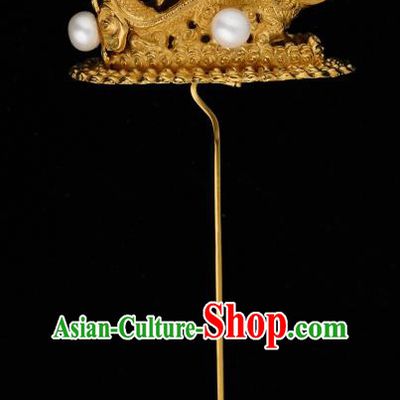 China Traditional Golden Dragon Hair Accessories Handmade Ming Dynasty Hair Stick Ancient Empress Pearls Hairpin for Women