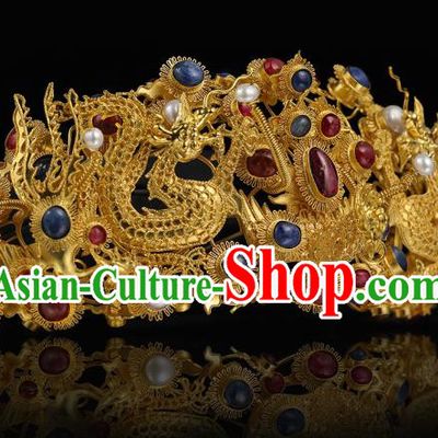 China Traditional Court Hair Accessories Handmade Ming Dynasty Gems Hair Crown Ancient Empress Golden Dragon Hairpin for Women