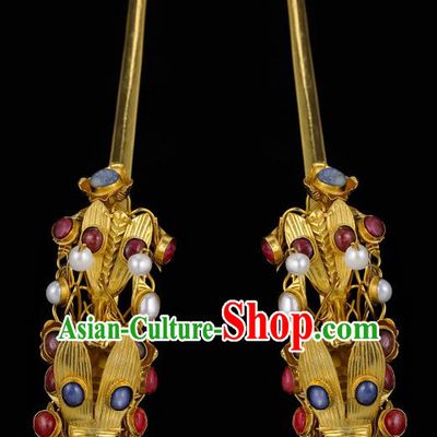 China Traditional Handmade Hair Accessories Ming Dynasty Gems Hair Stick Ancient Queen Golden Cicada Hairpin for Women