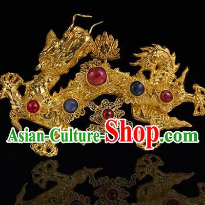 China Traditional Handmade Filigree Hair Accessories Ming Dynasty Golden Dragon Hair Crown Ancient Queen Gems Hairpin for Women
