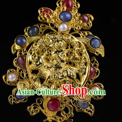 China Traditional Ming Dynasty Golden Hair Crown Ancient Queen Gems Hairpin Handmade Filigree Hair Accessories for Women
