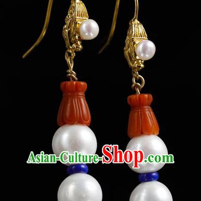 Handmade Chinese Traditional Qing Dynasty Pearls Ear Accessories Jewelry Ancient Court Woman Gourd Earrings