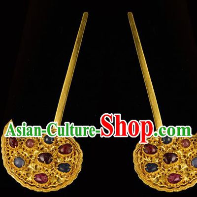 China Traditional Ming Dynasty Gems Hair Crown Handmade Hair Accessories Ancient Queen Golden Hairpin for Women