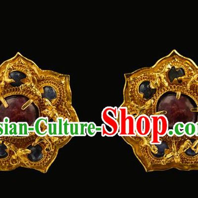 China Traditional Ming Dynasty Filigree Hair Crown Handmade Hair Accessories Ancient Queen Golden Gems Hairpin for Women