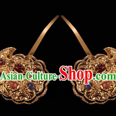 China Handmade Court Hair Accessories Ancient Empress Gems Hairpins Traditional Ming Dynasty Golden Hair Sticks