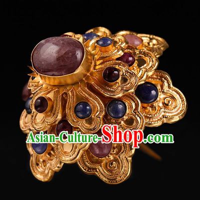 China Handmade Golden Hair Accessories Ancient Empress Gems Hairpin Traditional Ming Dynasty Golden Hair Crown