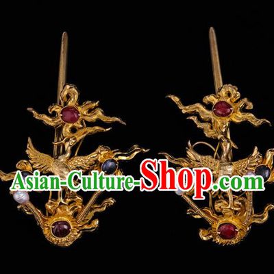 Handmade Chinese Ming Dynasty Court Ear Accessories Traditional Ancient Empress Golden Crane Earrings Gems Jewelry