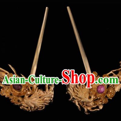 China Ancient Hanfu Golden Phoenix Hair Stick Handmade Hair Accessories Traditional Ming Dynasty Court Plum Blossom Hairpin