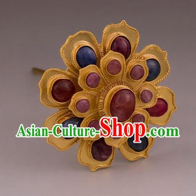 China Ancient Hanfu Gems Hair Stick Handmade Hair Accessories Traditional Ming Dynasty Court Empress Golden Hairpin
