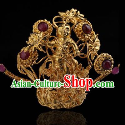 China Traditional Ming Dynasty Gilding Child Hairpin Handmade Hair Accessories Ancient Empress Hair Crown