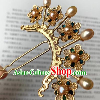 China Ancient Hanfu Hairpin Handmade Hair Accessories Traditional Ming Dynasty Princess Pearls Plum Hair Stick
