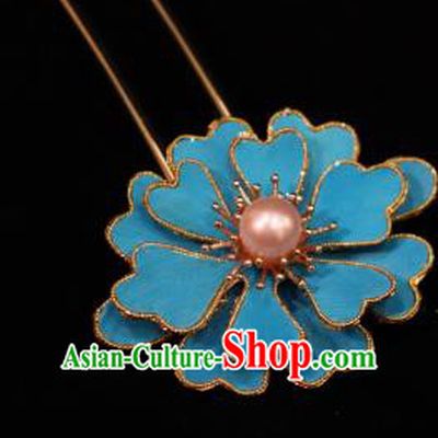 China Ancient Princess Pearl Hairpin Handmade Hair Accessories Traditional Ming Dynasty Imperial Consort Blue Peony Hair Stick