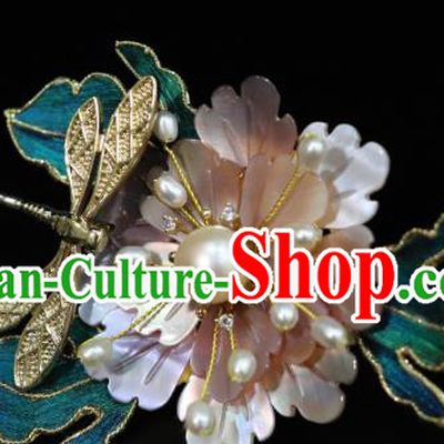 China Ancient Empress Pink Shell Peony Dragonfly Hairpin Handmade Hair Accessories Traditional Ming Dynasty Hair Stick