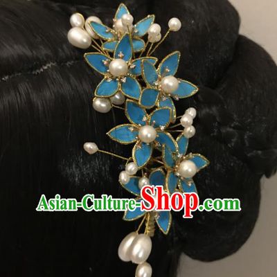 China Ancient Court Lady Blue Flowers Hairpin Handmade Hair Accessories Traditional Ming Dynasty Princess Hair Stick