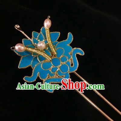 China Ancient Hanfu Pearls Hairpin Handmade Hair Accessories Traditional Ming Dynasty Blue Bat Hair Stick