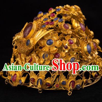 China Traditional Ming Dynasty Golden Phoenix Coronet Handmade Hair Accessories Ancient Empress Gems Hair Crown
