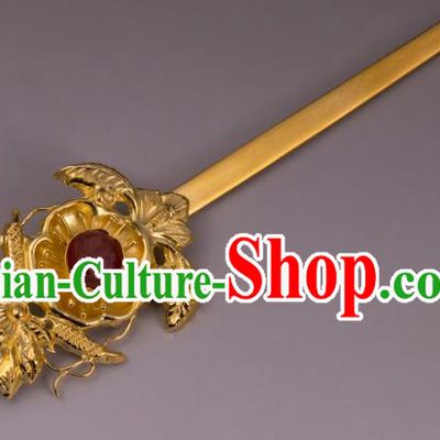 China Ancient Queen Golden Lotus Hairpin Handmade Hair Accessories Traditional Ming Dynasty Court Plum Blossom Hair Stick