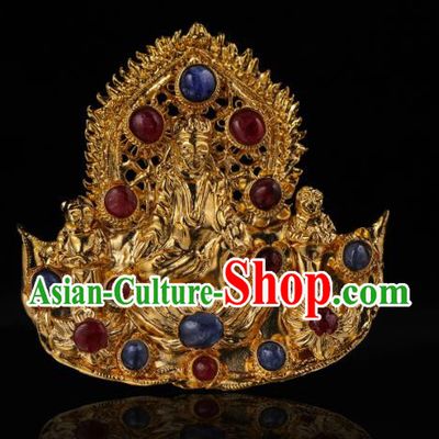 China Ancient Empress Gems Headwear Hairpin Handmade Hair Accessories Traditional Ming Dynasty Golden Buddha Hair Crown