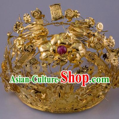 China Ancient Queen Golden Peony Hair Crown Handmade Hair Accessories Traditional Ming Dynasty Phoenix Coronet