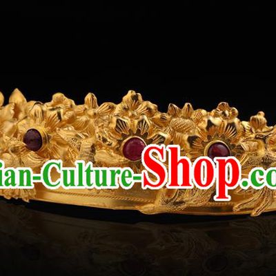 China Ancient Royal Empress Golden Hair Crown Handmade Hair Accessories Traditional Ming Dynasty Carving Phoenix Hairpin