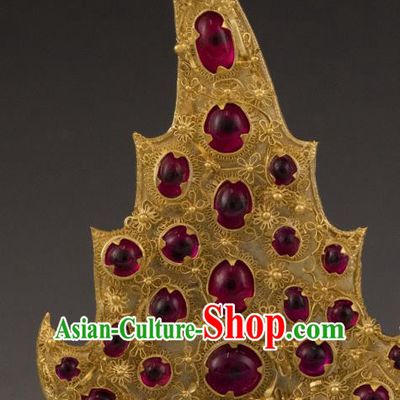 China Ancient Empress Gems Golden Hairpin Handmade Hair Accessories Traditional Ming Dynasty Ruby Hair Crown