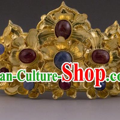 China Ancient Empress Golden Flowers Hairpin Handmade Hair Accessories Traditional Ming Dynasty Palace Gems Hair Crown