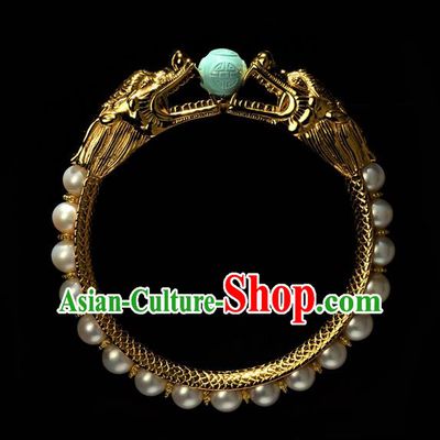 Chinese Traditional Qing Dynasty Pearls Jewelry Ancient Noble Lady Bracelet Gilding Accessories